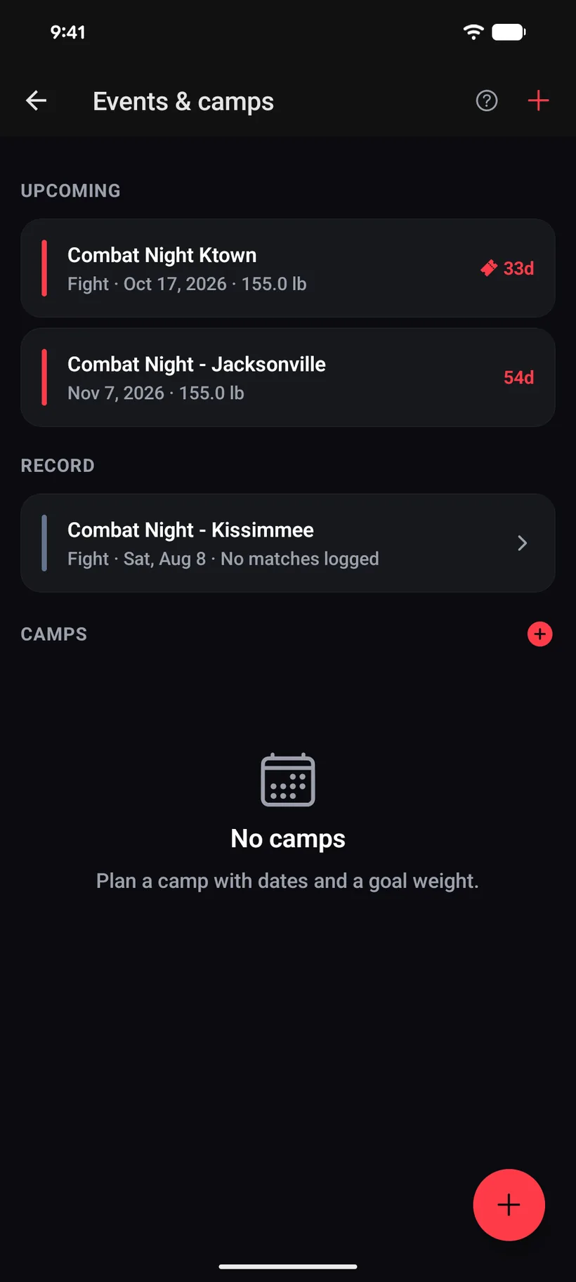 The iVenza events and camps screen: upcoming competitions with a day countdown and target weight, and past results.