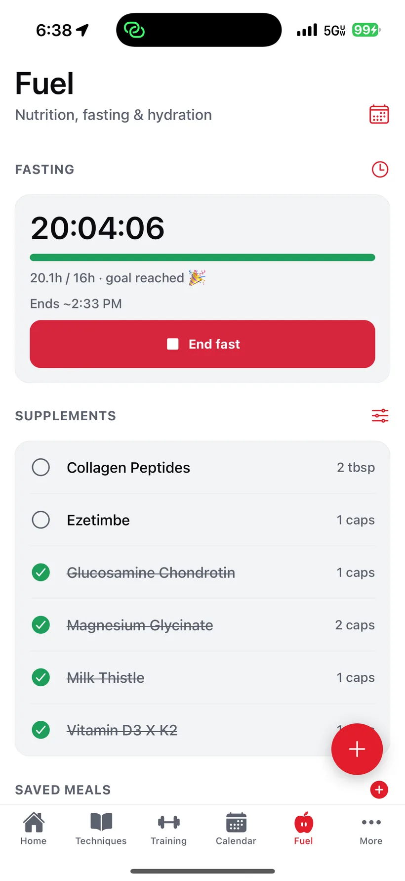 iVenza fasting and supplements: a running 20-hour fast against a 16-hour goal, and a daily supplement checklist.