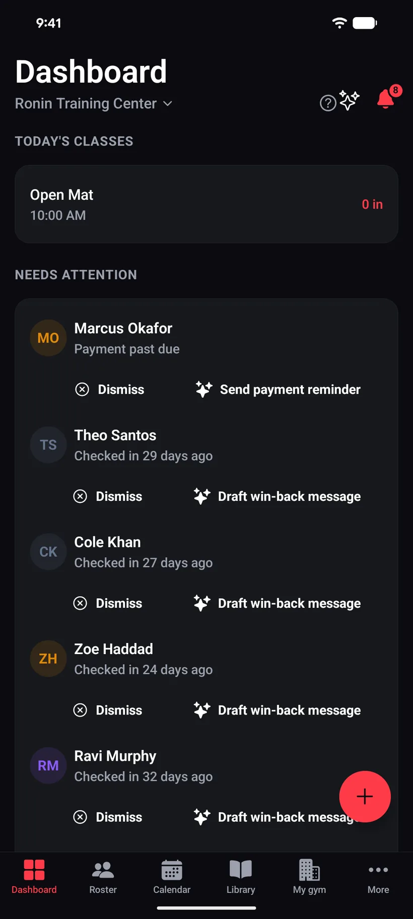 An iVenza gym dashboard: today's class with its live check-in count, and members flagged for a past-due payment or a month without a check-in, each with a dismiss and a one-tap AI-drafted reminder or win-back message.
