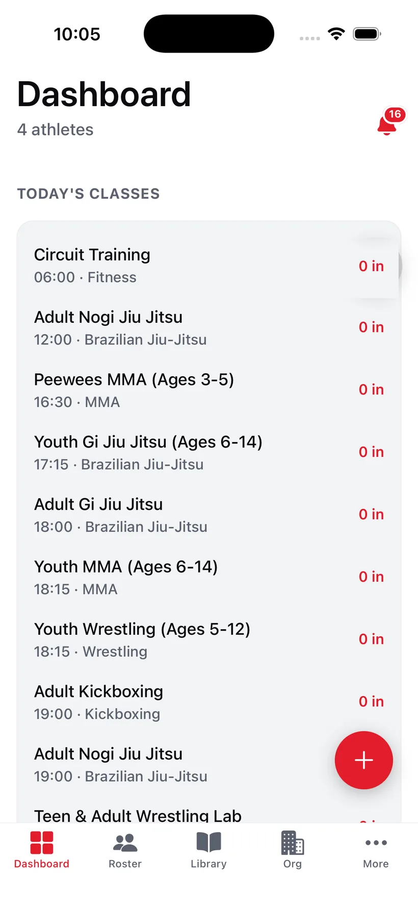 An iVenza coach dashboard: the gym's athlete count and the day's class timetable across jiu-jitsu, MMA, wrestling, kickboxing and fitness, each with a live check-in count.