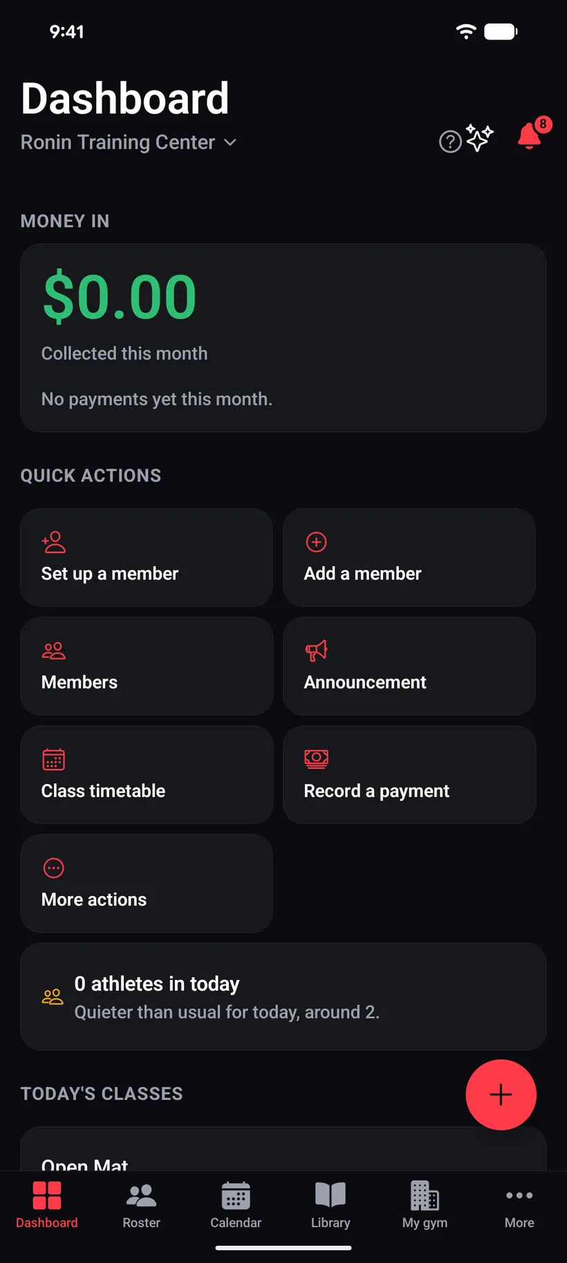 An iVenza gym dashboard for Ronin Training Center: money collected this month, six quick actions - set up or add a member, members, announcement, class timetable, record a payment - plus More actions, and how many athletes are in today.