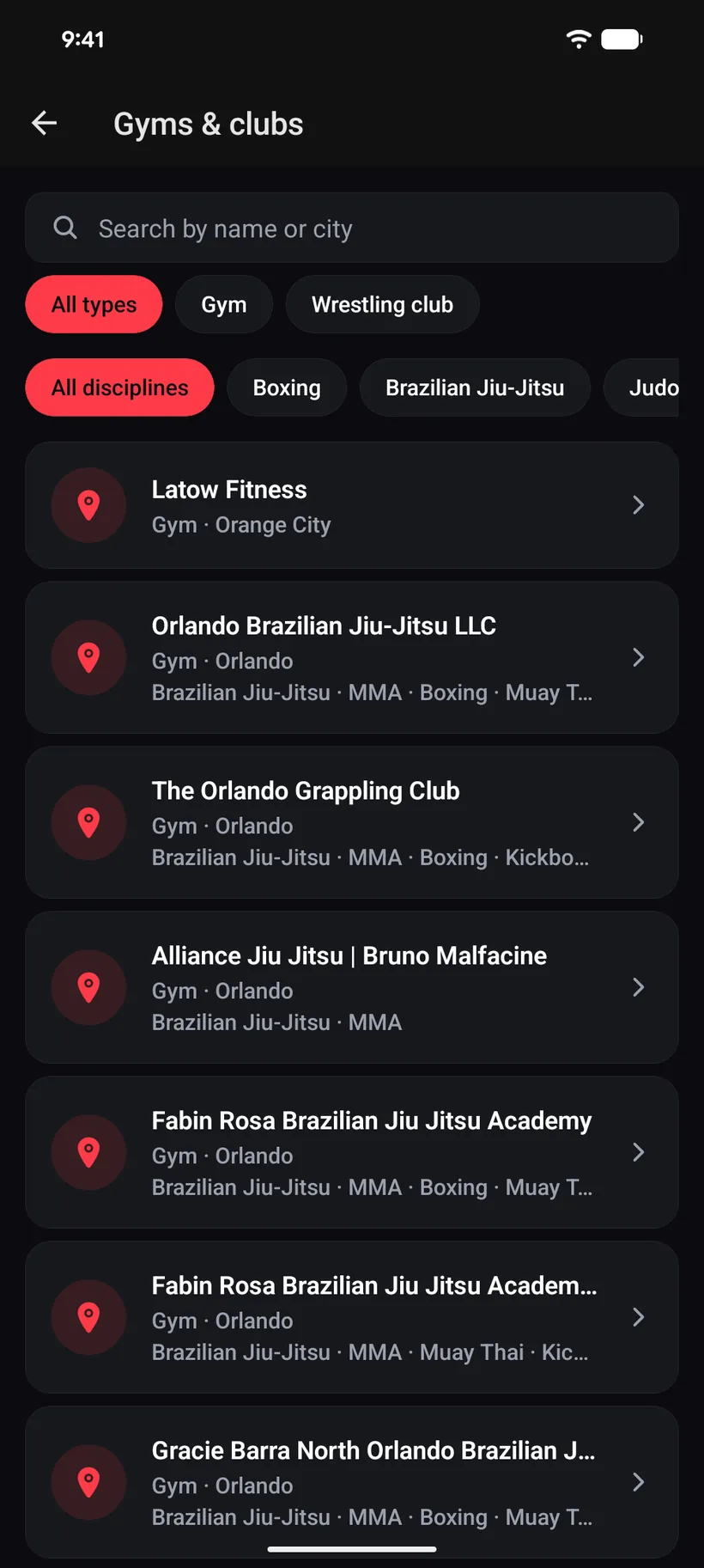 The iVenza gym directory: gyms, clubs and wrestling rooms filtered by type and discipline, each listing its city and the disciplines it teaches.