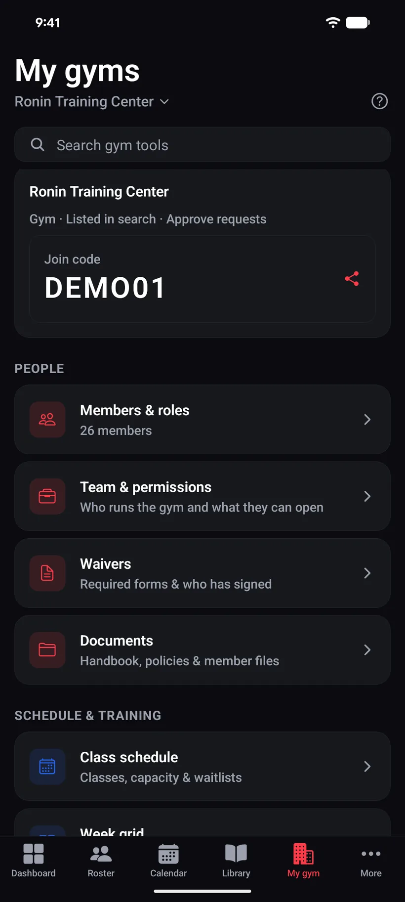 An iVenza gym management screen: upload a logo for receipts and the gym profile, 23 members with roles and permissions, and links to the gym profile, billing, teaching schedule, reports and email engagement.