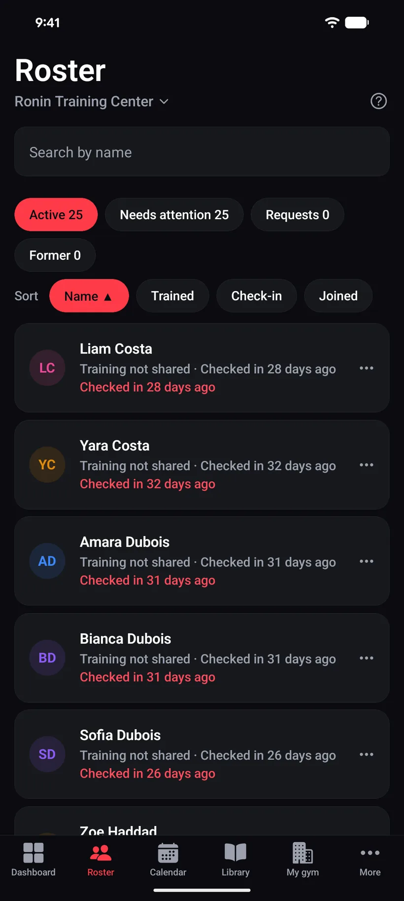 An iVenza gym roster: 25 active members with filters for those needing attention, join requests and former members, sorted by name, each row showing when they last checked in.