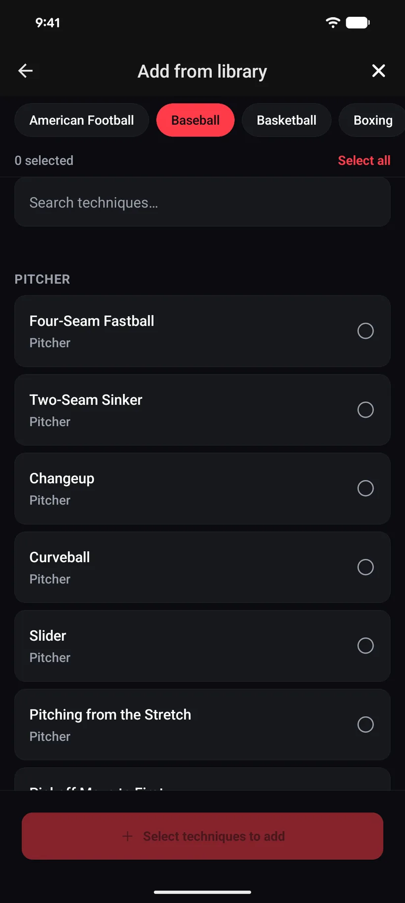 The iVenza curated library for Baseball: the pitcher's repertoire, including a four-seam fastball, two-seam sinker, changeup, curveball, slider and pitching from the stretch.
