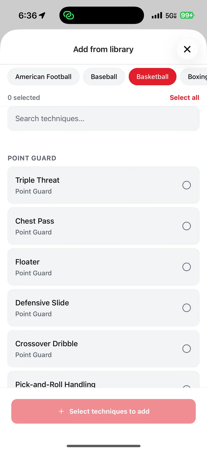 Adding from the iVenza technique library: tabs for American Football, Baseball, Basketball and Boxing, showing point-guard skills like triple threat, chest pass and crossover dribble.