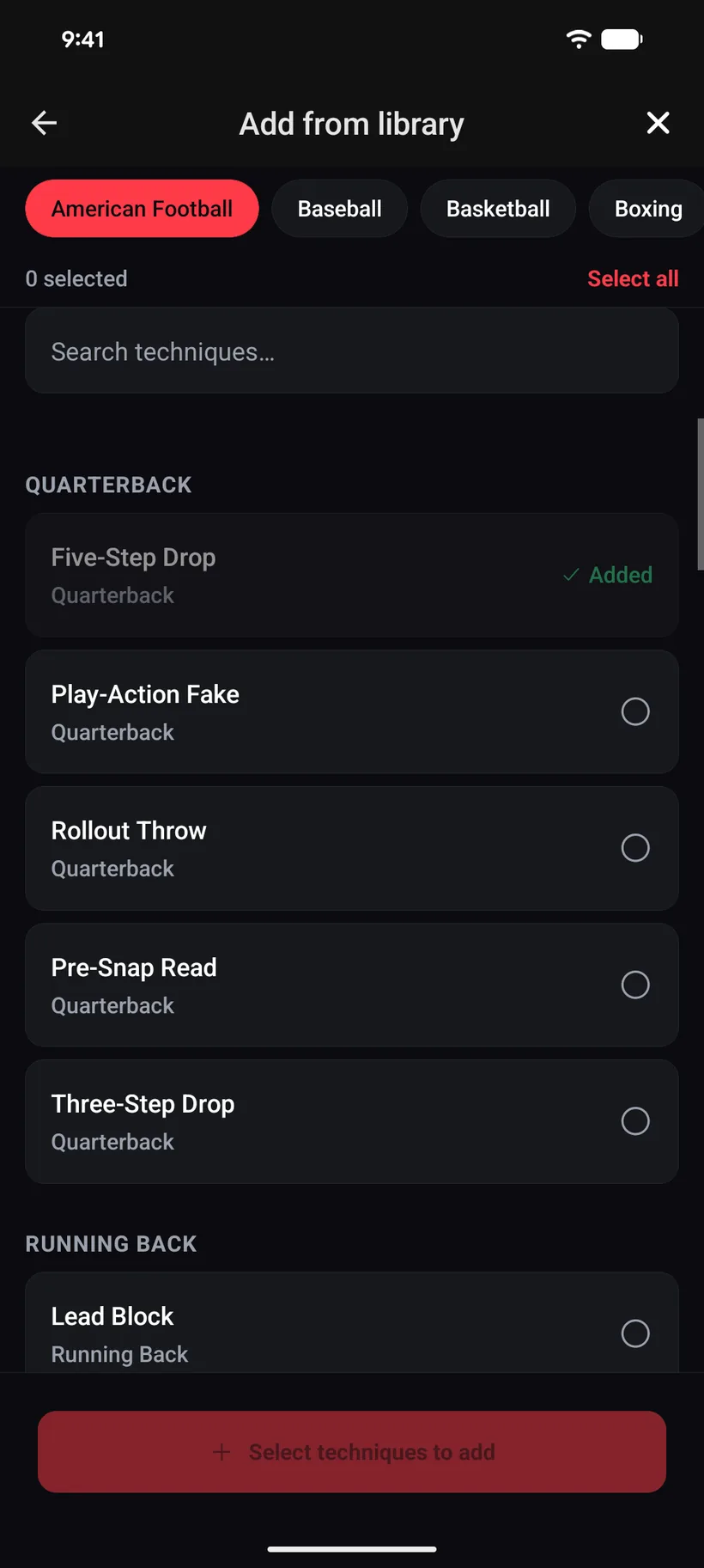 The iVenza curated library for American Football: quarterback plays such as the five-step drop, play-action fake, rollout throw and pre-snap read, then running-back skills, each ready to add to your own library.