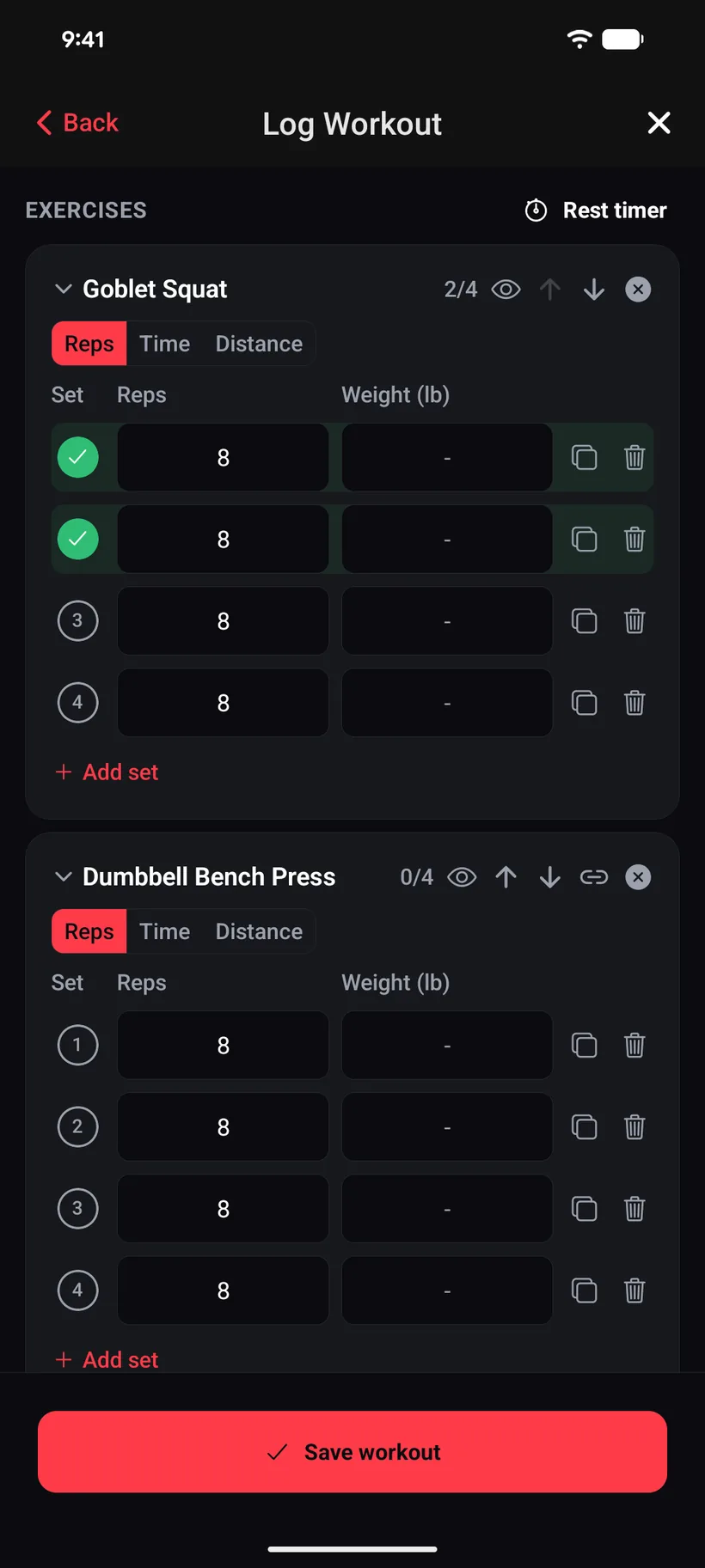 The iVenza workout log form, started from a full-body strength template: Goblet Squat and Dumbbell Bench Press with four sets of eight each, the first two sets ticked off in green and a 2 of 4 counter, above the Save workout button.