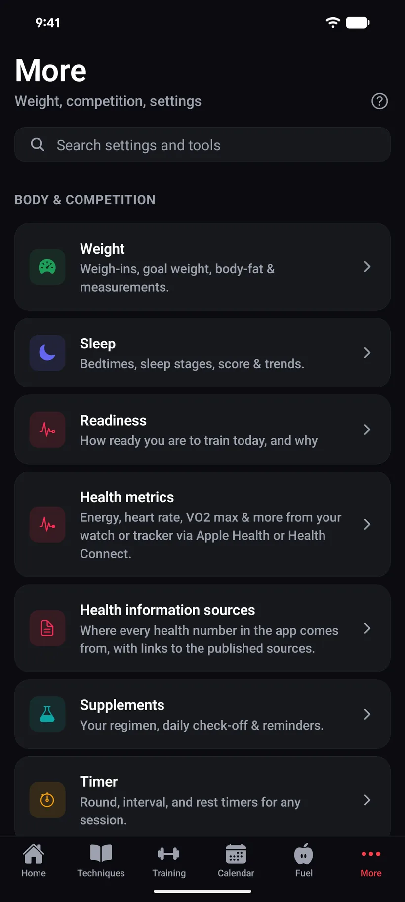 The iVenza body and competition menu: sleep, readiness, health metrics, supplements, the timer, events and camps, disciplines, and the exercise library.