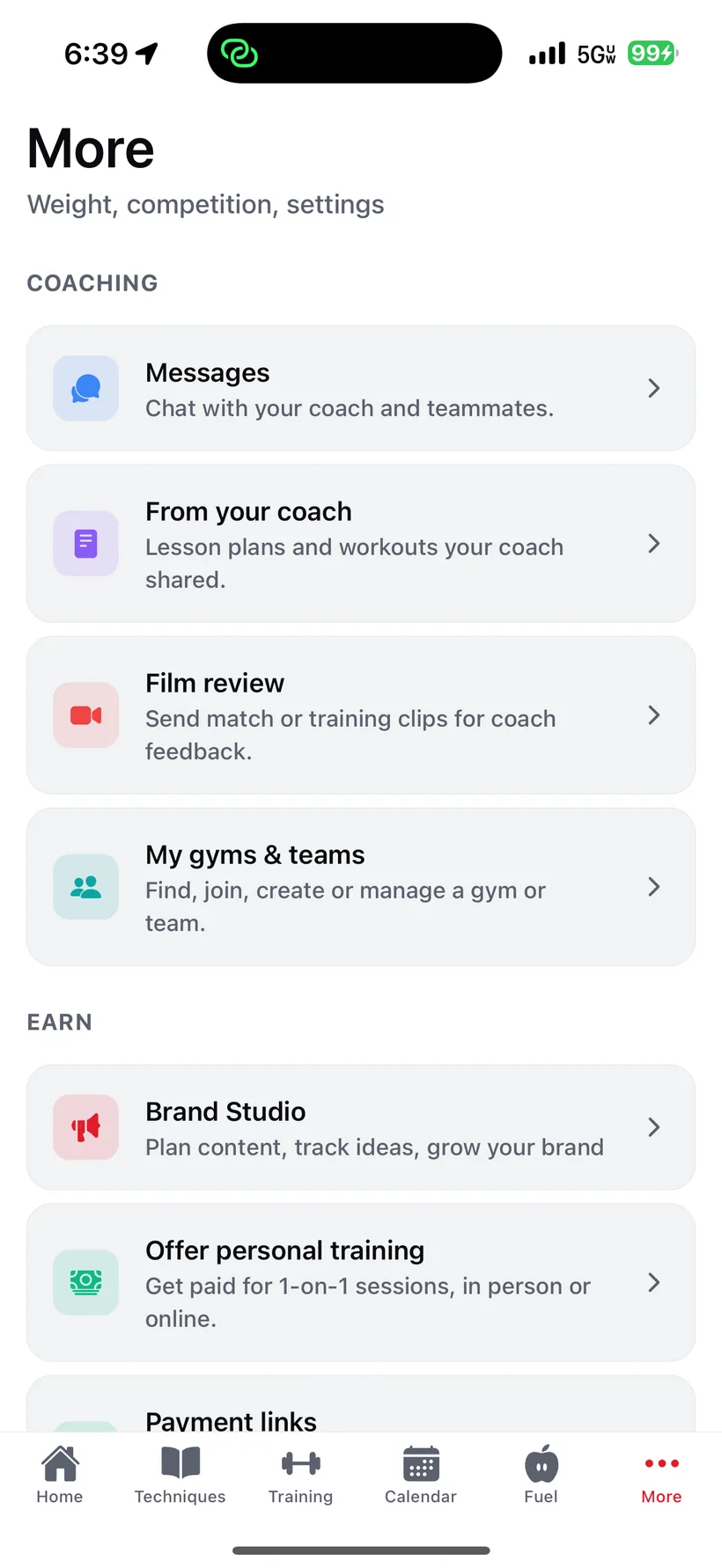 The iVenza menu: coaching tools like messages, shared lesson plans and film review, plus ways to earn with a brand studio and personal training.
