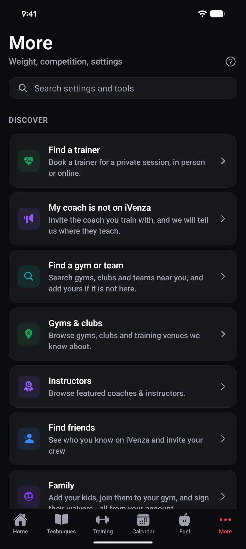 The iVenza discover menu: find a trainer to book, invite a coach who is not on iVenza yet, find a gym or team, browse gyms and clubs, featured instructors, friends, and family profiles.