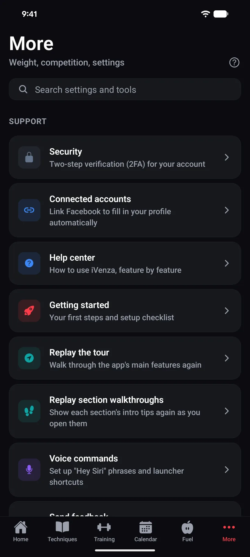 The iVenza support menu: the help center, a getting-started checklist, replaying the guided tour and section walkthroughs, voice commands, sending feedback, and the public feature roadmap.