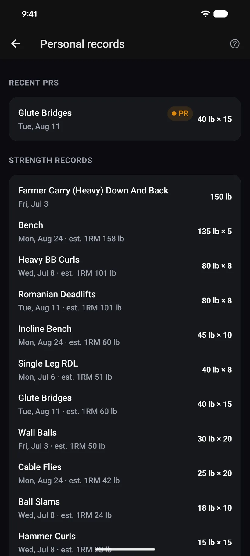 The iVenza personal records board: a feed of recent personal records and lifetime bests for each lift, with the weight, reps and estimated one-rep max.