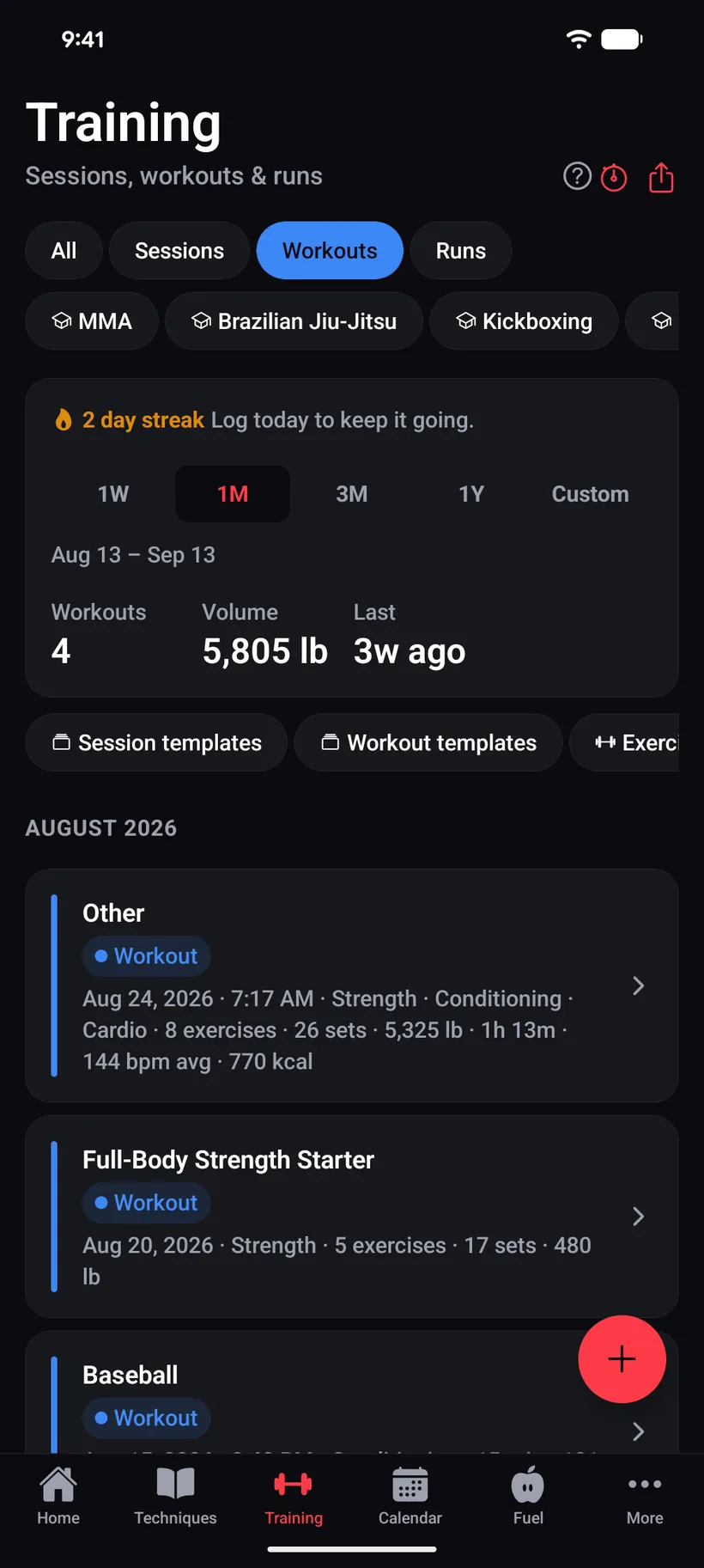 The iVenza strength screen: workouts and total volume for the month, with shortcuts to workout templates, the exercise library, and importing from Health Connect.
