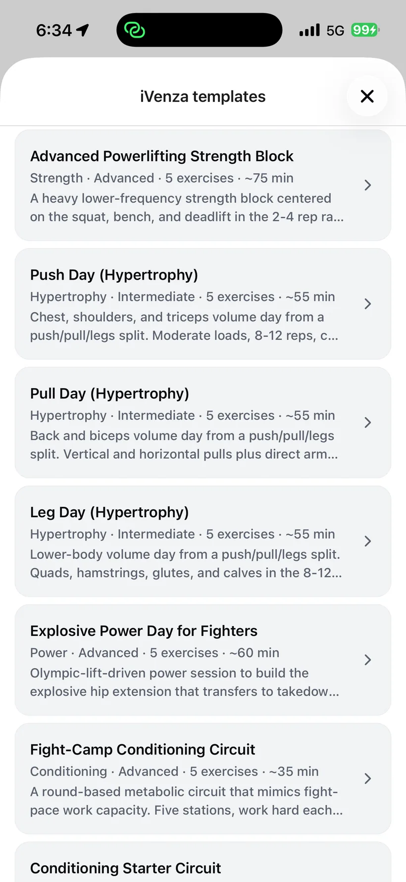 iVenza workout templates: prebuilt programs including a powerlifting strength block, push, pull and leg hypertrophy days, and an explosive power day for fighters.
