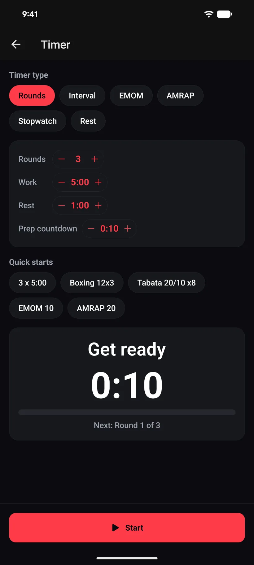 The iVenza timer: rounds, interval, EMOM, AMRAP, stopwatch and rest modes, with presets for three five-minute rounds, boxing twelve by three, and Tabata.