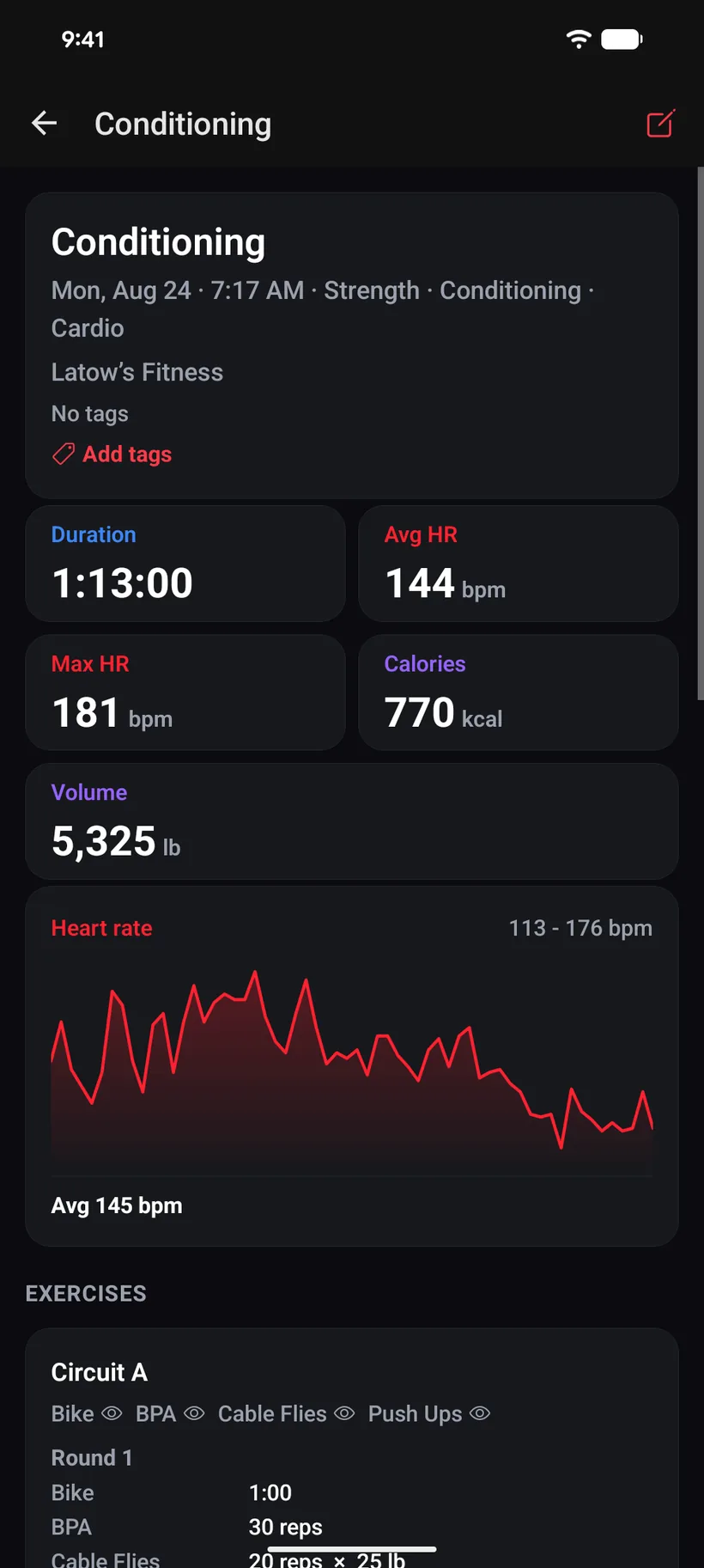 An iVenza conditioning workout: duration, heart rate, calories and total volume, a heart-rate curve, and exercises grouped into circuits and broken out round by round.